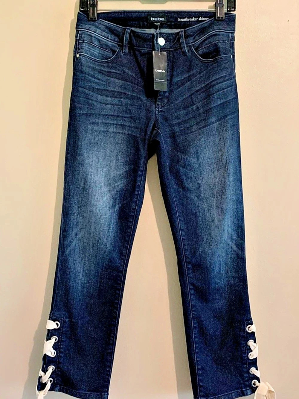 bebe Heartbreaker Skinny Lace-Up Crop Jeans Blue Waist 29